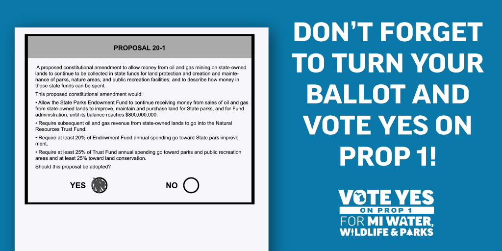 Before you turn your ballot in tomorrow, don't forget to turn your ballot over and vote YES on Prop 1 for Michigan's water, wildlife and parks! #voteYESMI