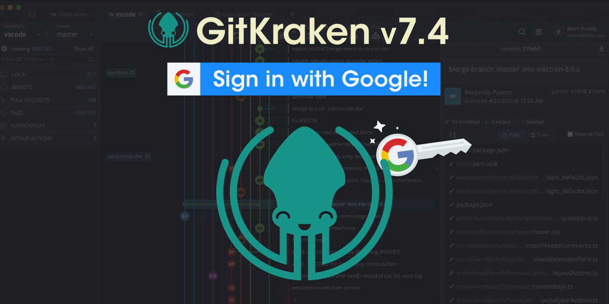 GitKraken's tweet photo. 🔑We’re keying up the epic updates you can look forward to enjoying with GitKraken v7.4. Introducing Google sign in AND graph columns for commit message, author, date/time, SHA, and more. 🤯Have a lookey 👀at all the details of this release: https://t.co/pa2GsNl6UT https://t.co/LtIFFwsCGV