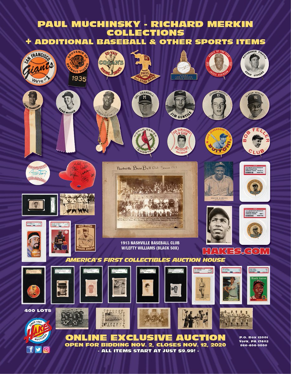 HakesAuctions's tweet photo. @HakesAuctions is back with a new #baseball & #sports #auction, now open for bidding! 400+ plus lots, including items from the #RichardMerkinCollection & the #PaulMuchinskyCollection! ⚾️⚾️⚾️
#JackieRobinson #HankAaron #MickeyMantle #RogerMaris #JoeDiMaggio #baseballcards https://t.co/XVMEcUpwgV