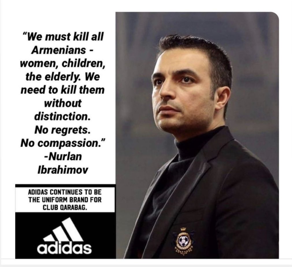 tinakopyan's tweet photo. @adidas This is sickening, how can you idly stand by these Genocidal words and continue to represent @FKQarabaghEN,he speaks of vile atrocities that took place in 1915 by his ancestors and currently in Modern day Armenia,this promotes ethnic cleansing &amp;terrorism #PeaceForAmenians https://t.co/pnBF0M7oqE