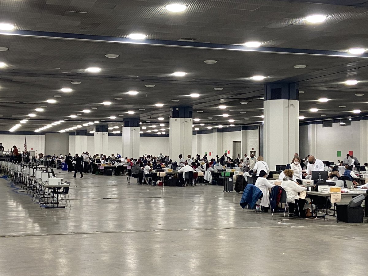 I’m here in TCF Center in Detroit for the first day of processing (but not counting yet) of absentee ballots. Started at 10 am.