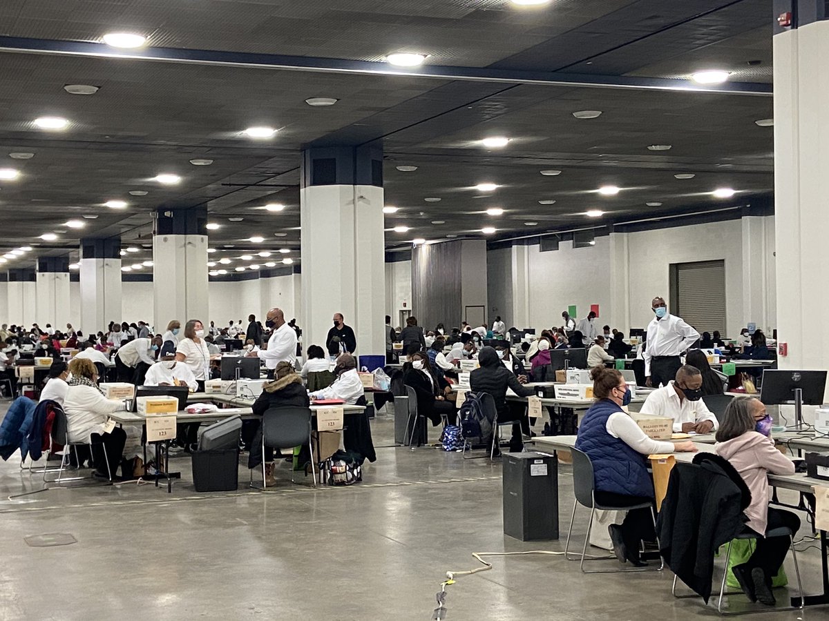 I’m here in TCF Center in Detroit for the first day of processing (but not counting yet) of absentee ballots. Started at 10 am.