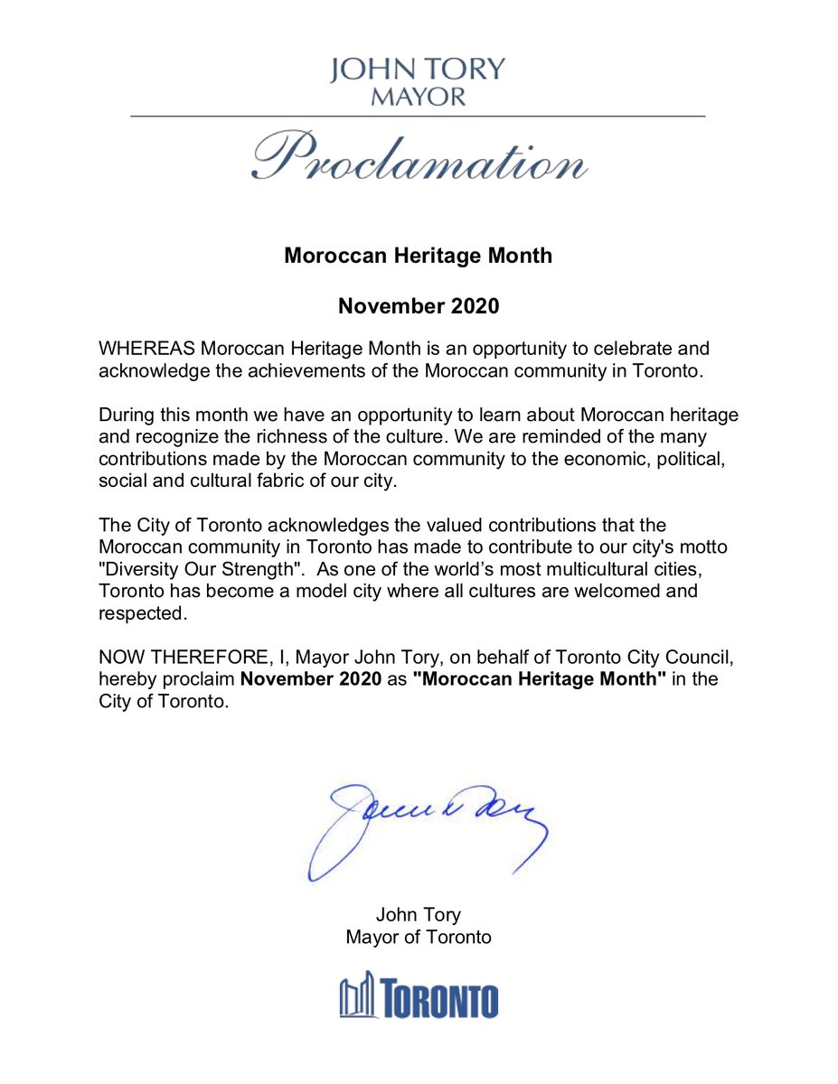 JohnTory's tweet photo. I am proud to proclaim November as Moroccan Heritage Month in Toronto. This month we take the opportunity to celebrate and acknowledge the achievements of the Moroccan community in Toronto. https://t.co/nRWE9bCB99