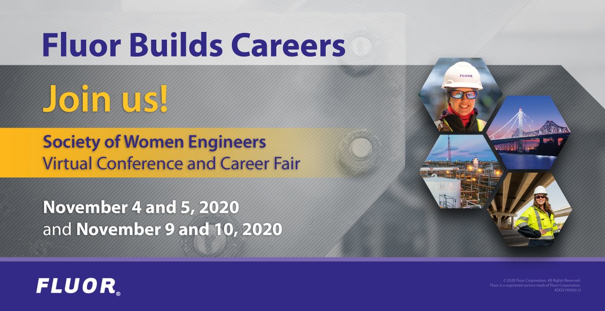 FluorCorp's tweet photo. Join Fluor’s team at the world’s largest conference for women engineers, #SWE20, this week and next to learn more about Fluor to learn about ways you can build your engineering career and build a better world. https://t.co/GCw29lUEB8 #FluorBuildsABetterWorld #FluorBuildsCareers https://t.co/gnjfunmdNJ