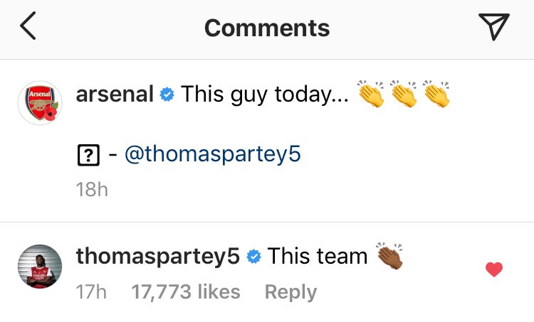 afcstuff's tweet photo. Arsenal on Instagram, with a photo of Thomas Partey: “This guy today... 👏👏👏”

Partey’s response in the comments: “This team 👏🏾”

❤️ @Thomaspartey22 #afc https://t.co/nzfHLdWXMR
