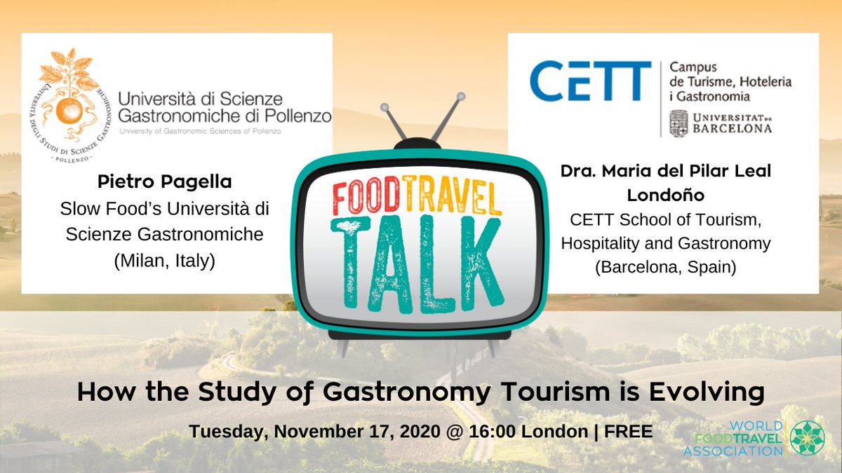 UPCOMING EPISODE FOOD TRAVEL TALK TV: How the Study of Gastronomy Tourism is Evolving Live broadcast takes place Tuesday, November 17, 2020. Register for FREE at worldfoodtravel.org/food-travel-ta… #foodtourism #gastronomytourism #turismogastronmico #tourismeducation #slowfood