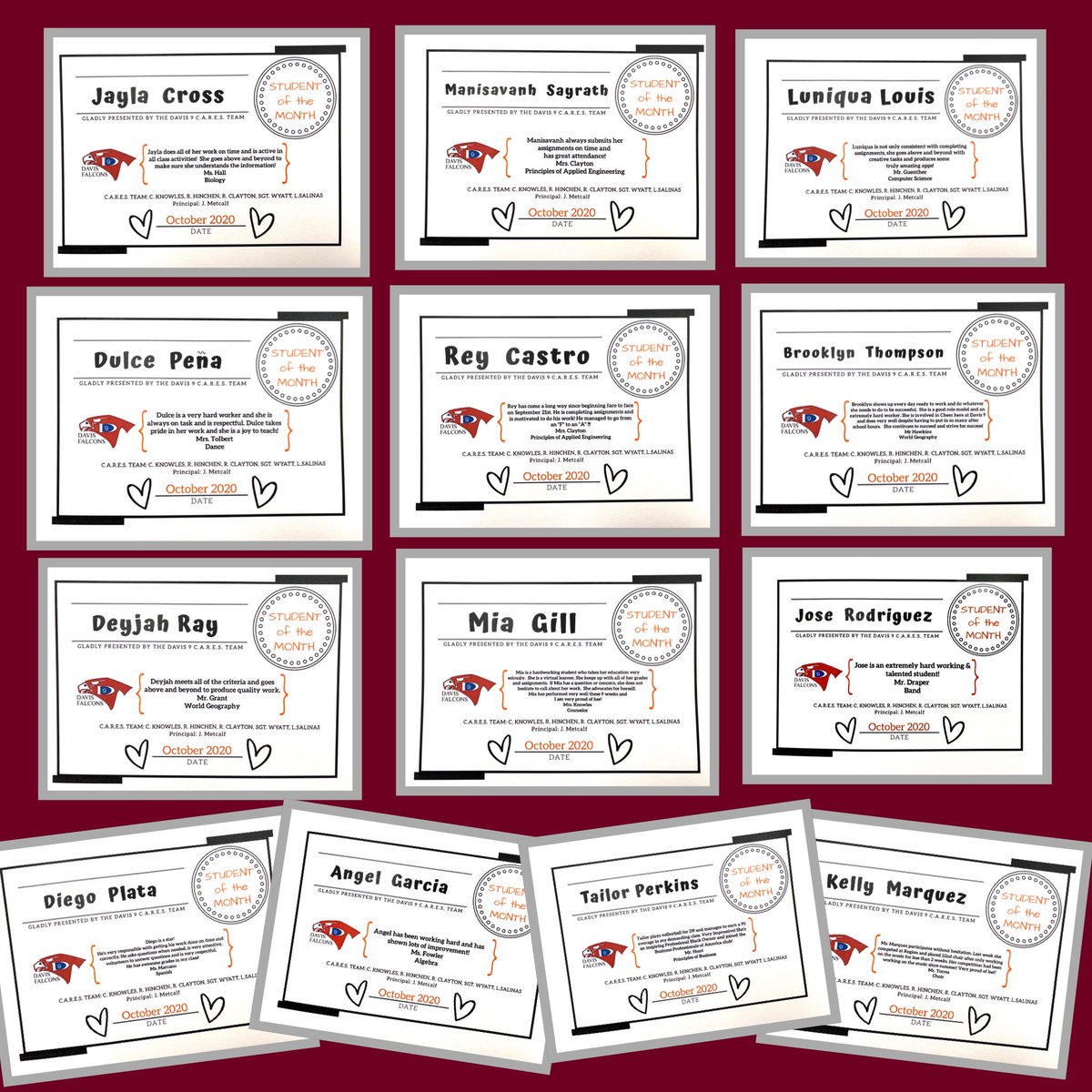 The ❤️D9 C.A.R.E.S. Team gladly presents our October Students of the Month, virtual &amp; on campus! We see you!!! 👏🏽 Congratulations and keep reaching for the stars🌟! <a href="/DeevaQ/">Diva Que</a> <a href="/ClaytonCre8ed/">Rosslon Clayton</a> <a href="/hightower_333/">Anita Hightower</a> <a href="/AldineISD/">Aldine ISD</a> <a href="/CynthiaKnowles7/">Cynthia Knowles</a> <a href="/jkmetcalf1/">jkmetcalf</a> #wecare #falconpride