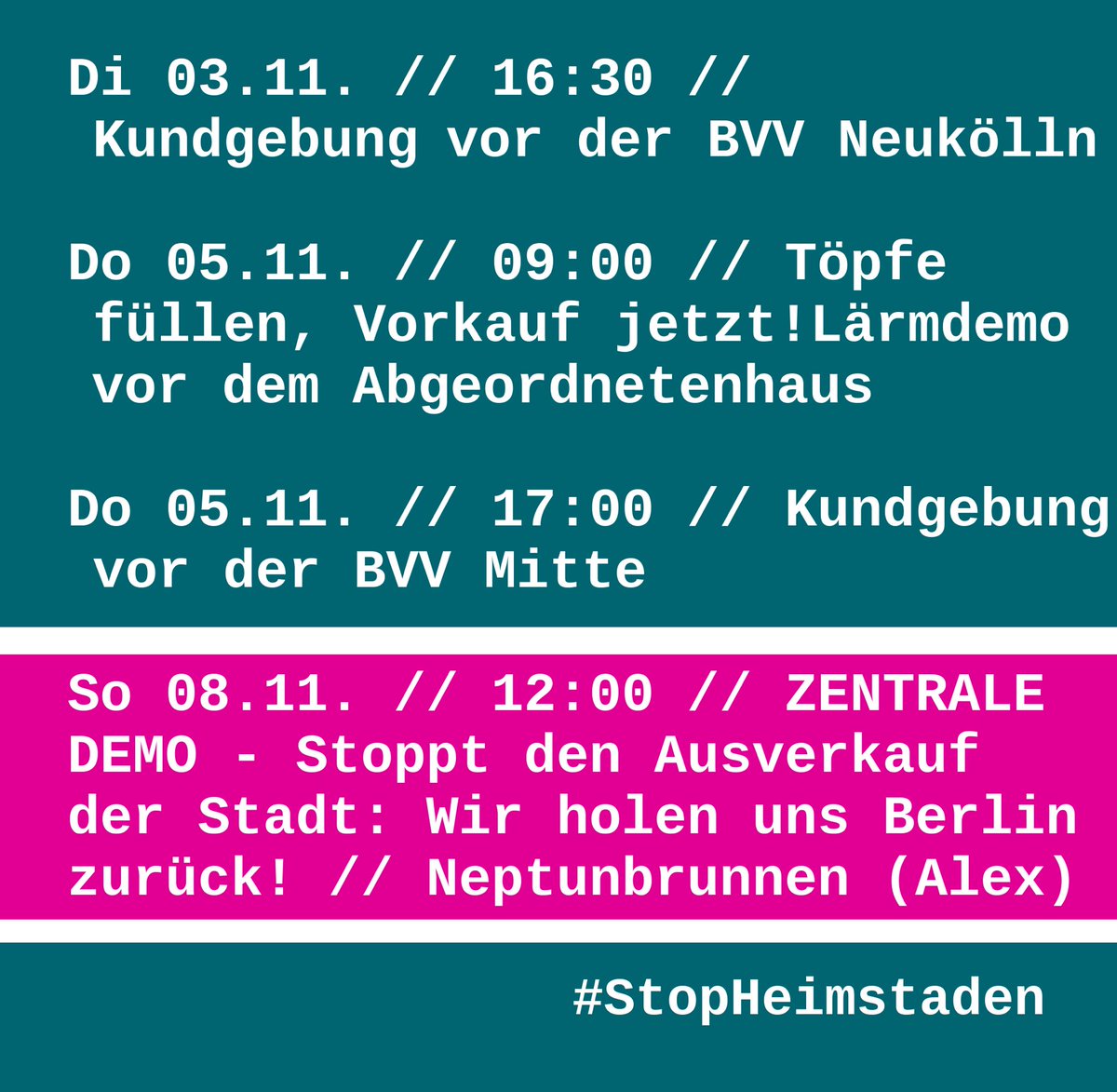 mg_berlin's tweet photo. Druck aufbauen! Diese Woche wird zur Demowoche der #StopHeimstaden-Mieter:innen - natürlich mit Maske und Abstand! Wir sind überall!
#b0511 #b0811 https://t.co/jy5dtY4Usd