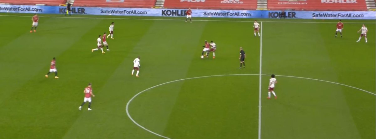 Pogba – PoorHere, Pogba shows for the ball and receives it. However, instead of going to the ball he holds his position and Partey. Partey body checks him from behind and Pogba's touch is too heavy. Then, he makes a poor decision vs Lacazette instead of passing it back.