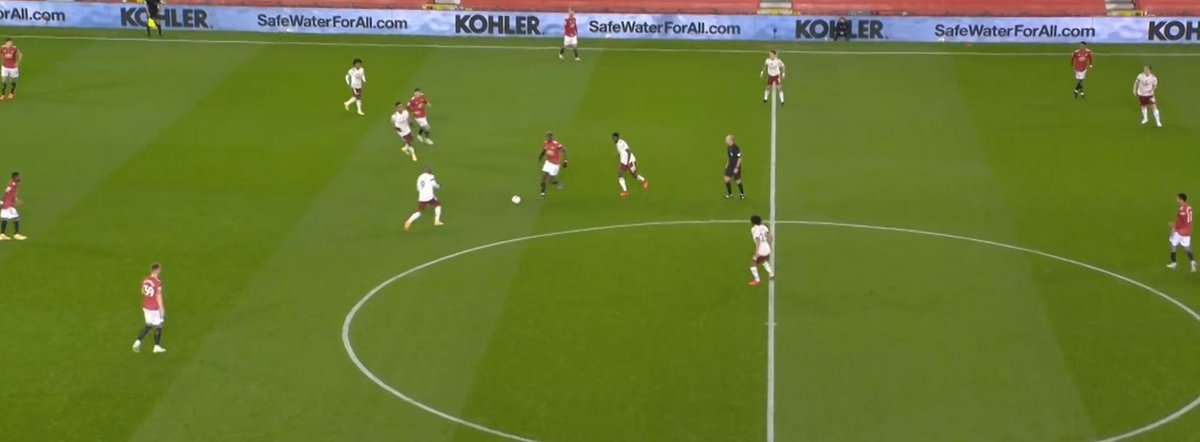 Pogba – PoorHere, Pogba shows for the ball and receives it. However, instead of going to the ball he holds his position and Partey. Partey body checks him from behind and Pogba's touch is too heavy. Then, he makes a poor decision vs Lacazette instead of passing it back.