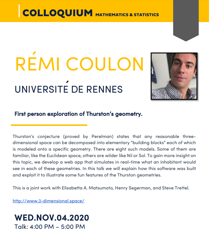 UNCGmathstats's tweet photo. Join us this Wednesday, November 4, 2020 (4-5pm) for a virtual Colloquium Talk with Dr. Remi Coulon. Email math_sci@uncg.edu for a link to this talk.
#uncgway #uncg #uncgmathstats #uncgmathstatstalk #uncgmathstatscolloquium https://t.co/WS544tEbl2
