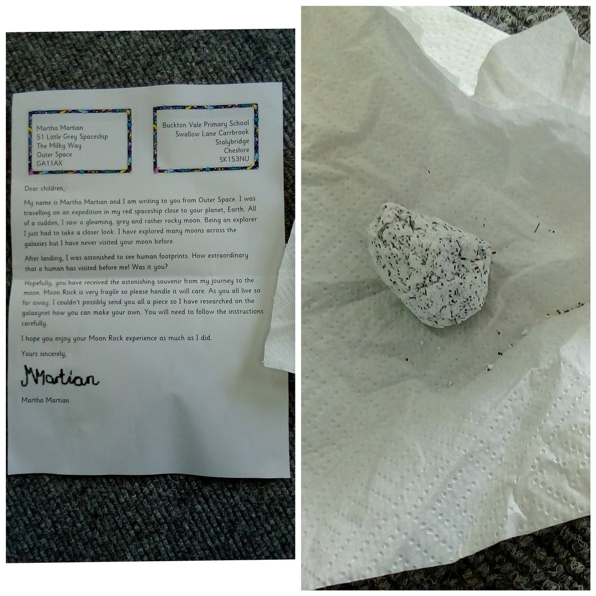 SilverBirchBV's tweet photo. It was really exciting today, we received a surprise letter from Martha the Martian and she sent us some very special moon rock! https://t.co/2jsLQjjkD1