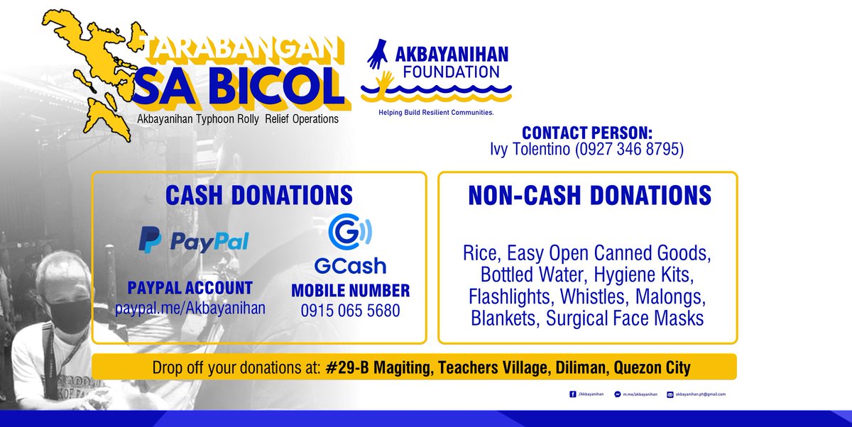 akbayanihan's tweet photo. Akbayanihan's Relief operations in the aftermath of Typhoon #RollyPH will focus on the devastated communities of the Bicol Region. If you are interested to donate or partner with us, please contact Ivy Tolentino at 09273468795

#TarabanganSaBicol
#Akbayanihan https://t.co/hlZcymMwlZ