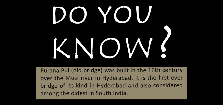 Purana Pul (old bridge) was built in the 16th century over the Musi river in Hyderabad. It is the first ever bridge of its kind in Hyderabad and also considered among the oldest in South India. #HeritageTelangana #HyderabadHeritage #PuranaPul #MusiBridge