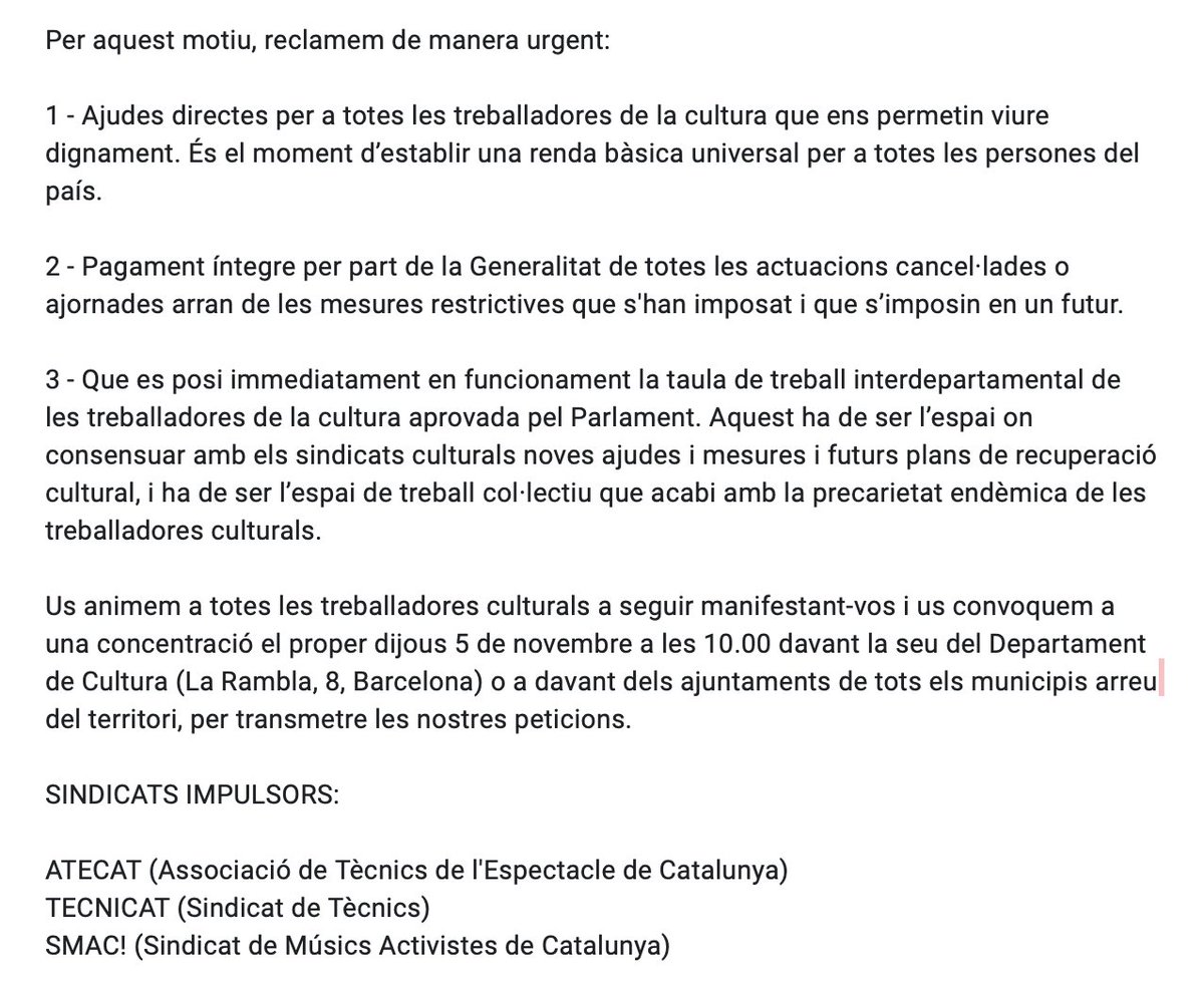 🚨Més que mai, la #CulturaÉsTreball!

‼️La situació és crítica! Cal lluitar!

📢Convoquem Dj. 5/11 (10am) davant dels ajuntaments de tots els municipis (a BCN: Dept. Cultura, Rambla, 8)

🔛Signa i difon el manifest: forms.gle/te11pPhMvtQbhP…

▶️cc <a href="/TECNICAT_CAT/">TECNICAT</a> <a href="/atecat/">AteCat, Associació Tècnics Espectacle de Catalunya</a> SMAC!