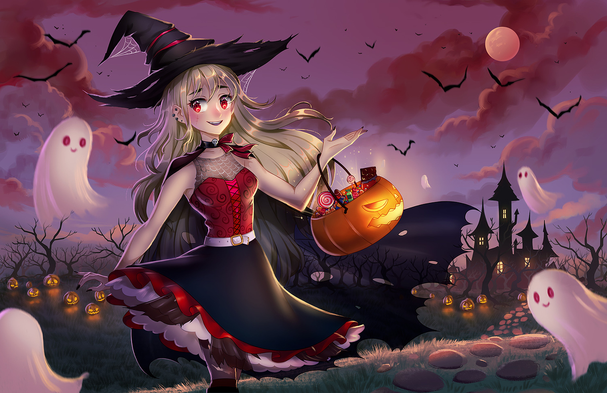 Noxmoony ハロウィンイブ 女の子 イラスト オリジナル ハロウィン 魔女 ハッピーハロウィン お化け デジタル Photoshop 少女 T Co 1f1186rbsn