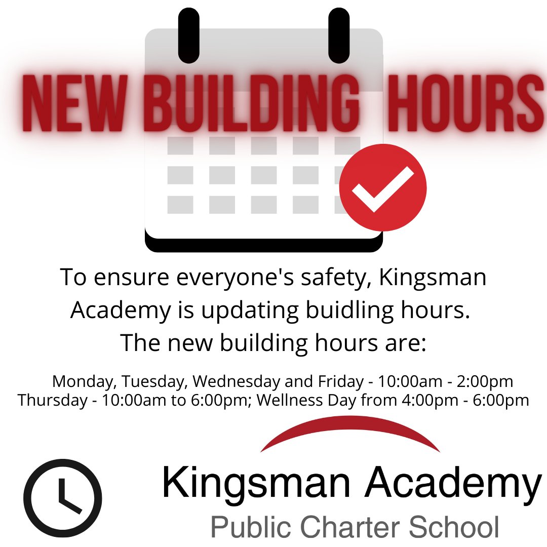 KingsmanAcademy's tweet photo. Any building visits should be scheduled during the new hours. Staff are still accessible via phone and email during normal business hours Monday-Friday 7:30am to 4:00pm. 

#KingsmanKnights https://t.co/5luRNktKLl