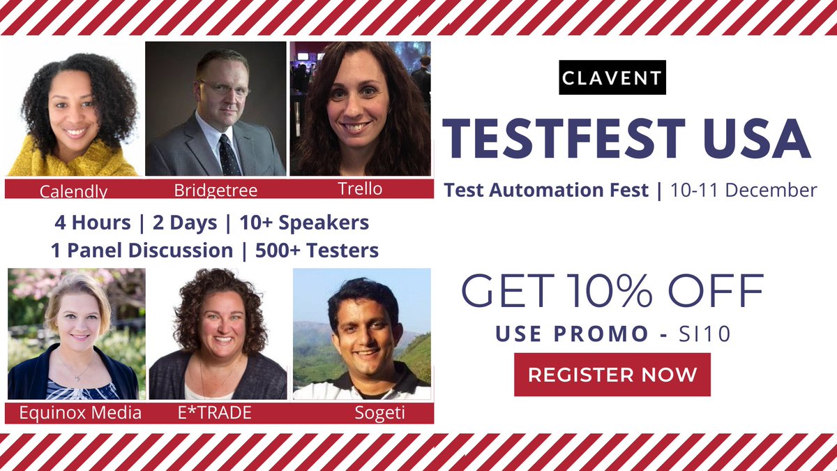 CEO__Insights's tweet photo. We are super excited to announce #TheTestFest by TestCon-a series of #softwaretesting mini conferences coming up in 8 countries with 8 hours of live amazing sessions distributed over 2 days.
More details: https://t.co/NXaEs01CM4
@ClaventEvents
#TestAutomation #USA #testcon2020 https://t.co/6xTP6OrbdT
