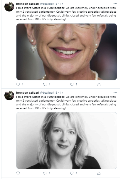 I’m a Ward Sister in a 1600 bedder, we are extremely under occupied with only 2 ventilated patients(non Covid) very few elective surgeries taking place and the majority of r diagnostic clinics closed and very few referrals being received from GP’s. It’s truly alarming!