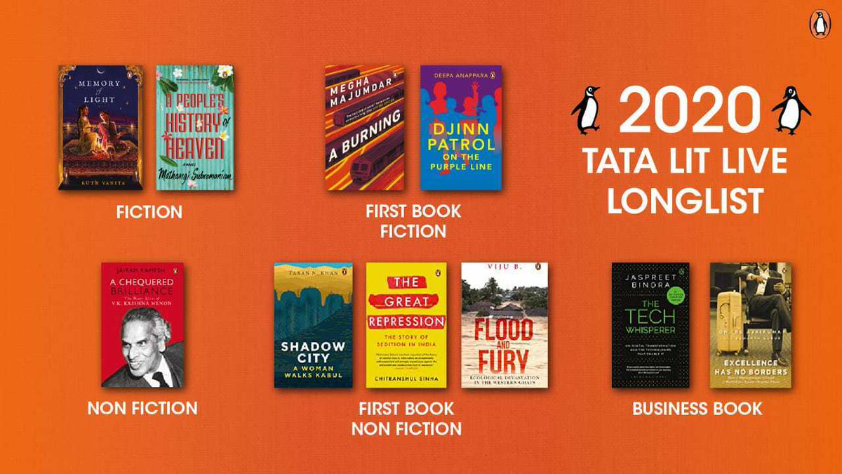 PenguinIndia's tweet photo. Please join us in celebrating our authors for making it to the @tatalitlive longlist! 👏🥳
#MemoryOfLight #APeoplesHistoryOfHeaven #ABurning #DjinnPatrol #AChequeredBrilliance #ShadowCity #TheGreatRepression #FloodAndFury #TheTechWhisperer #AnExtraordinaryLife https://t.co/jhRbwFzl0L