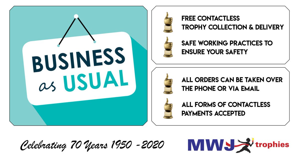 🏆 ️The main shop will be closed to the public. Instead of coming to us, we will contactlessly collect and deliver your awards free of charge.
🏆 Our engraving department remains fully open.
🏆 All orders can be taken over the phone, via email, live chat or social media.