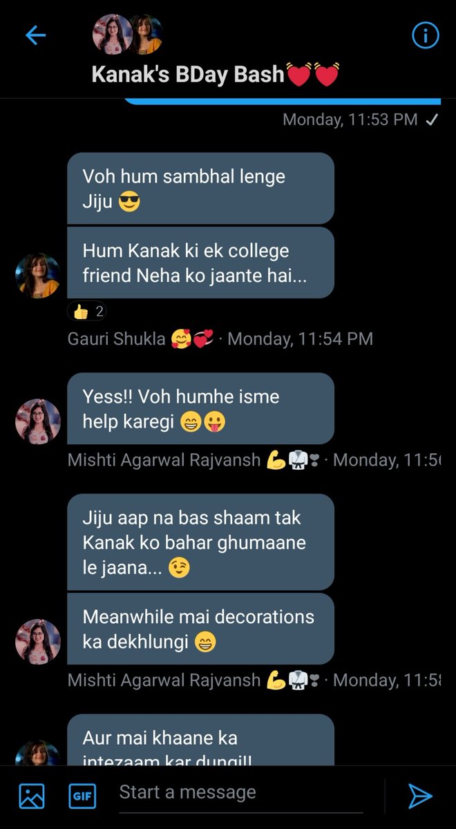 sweet_nish01's tweet photo. @Harshizzz19 @rhea_shrm The chat in Kanak's Bday Bash GC with Gauri, Mishti and Uma.

(3/6)

#RheaSharma 
#RheaAsMishti #YehRishteyHainPyaarKe #RheaAsKanak #TSMSP #RheaAsGauri #KHDDDK https://t.co/JSzLl9AYln https://t.co/3OKUjBpDgO