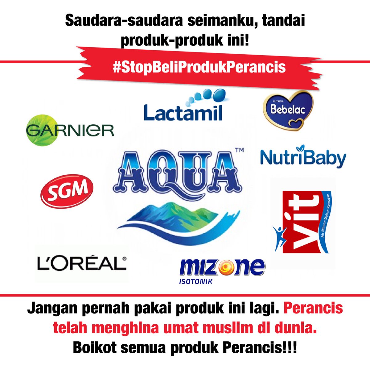sobatwirid's tweet photo. Jika dirumah mu masih ada produk Aqua, Mizone, Garnier, segera ganti dengan produk Indonesia. #StopBeliProdukPerancis https://t.co/gXofIrqpKc