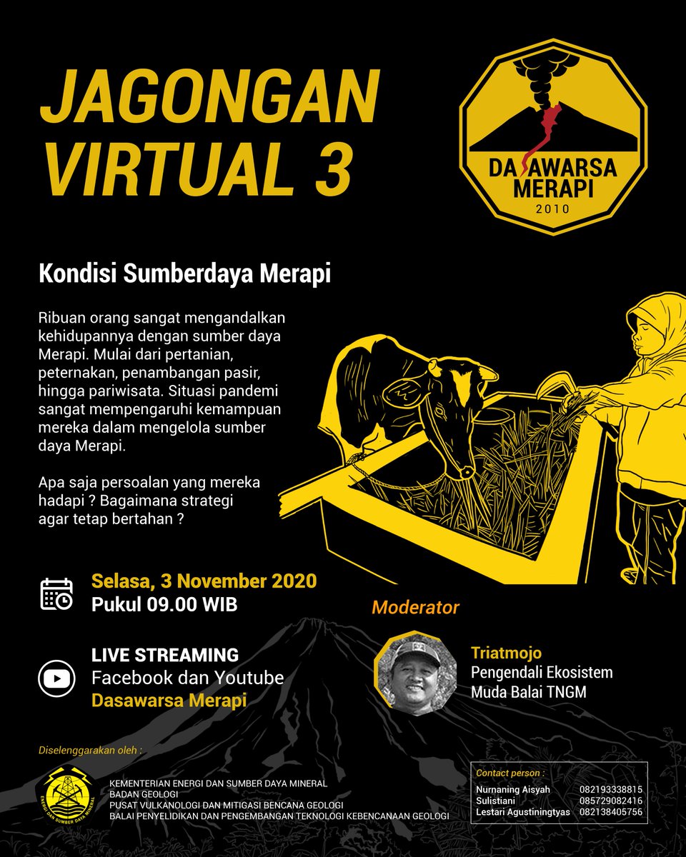 YogyakartaCity's tweet photo. Sumberdaya Merapi merupakan anugerah yang tidak terkira. Namun, kondisi pandemi Covid-19 sangat mempengaruhi mereka yg hidup dr Merapi. 

Bagaimana pengelolaan sumber daya Merapi? Apa strategi agar tetap bertahan di tengah pandemi? 

#DasawarsaMerapi
#BPPTKG
#10ThMerapi2010 https://t.co/0jB8a1HEto
