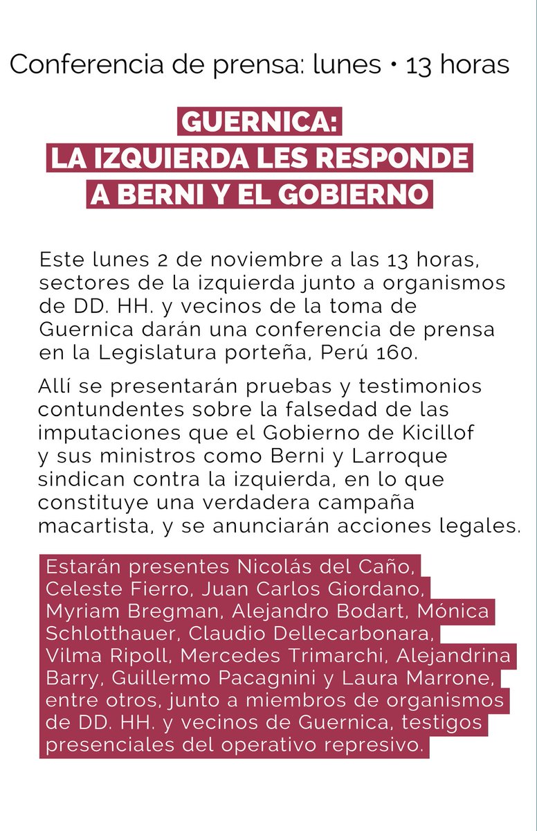 🔴 Actualizamos • Más referentes de la izquierda rechazarán la campaña macartista del Gobierno bonaerense. 
A las 13 en @legiscaba.

Participaremos con <a href="/NicolasdelCano/">Nicolas del Caño</a>, <a href="/myriambregman/">Myriam Bregman</a> y <a href="/Barry__Ale/">Alejandrina Barry</a>, presente durante el desalojo represivo a familias sin vivienda de Guernica.