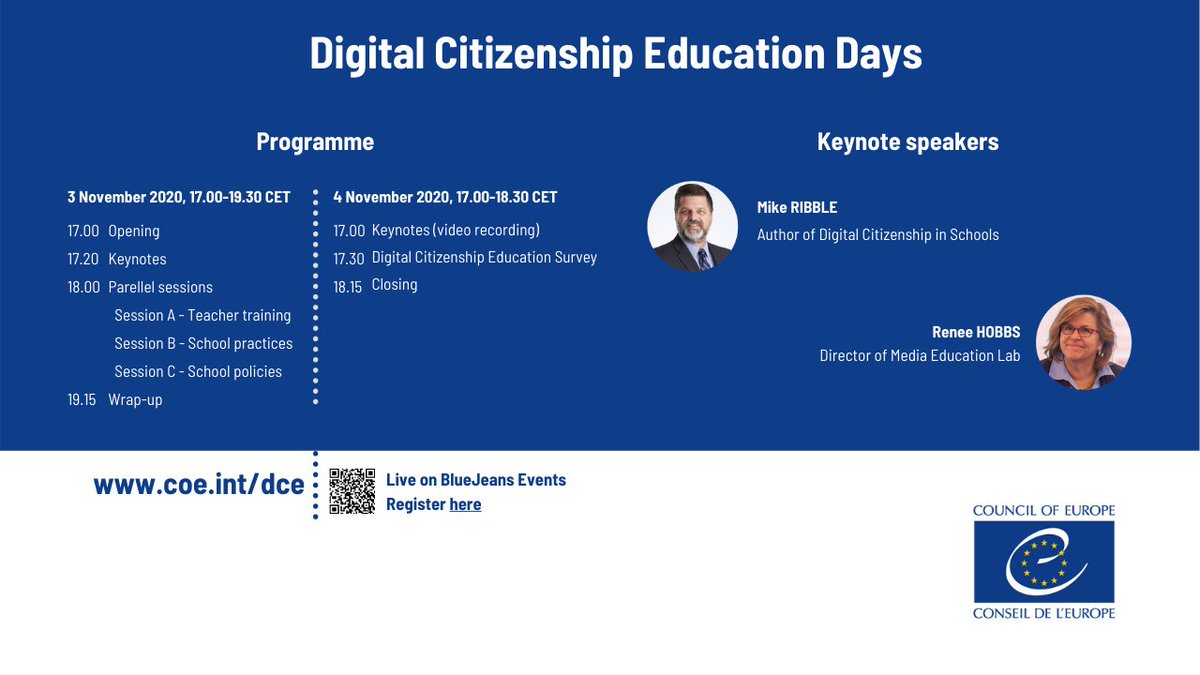 Join international media guru Dr Mike Ribble and other guest speakers at the Council of Europe's "Digital Citizenship Education Days", today and tomorrow (3 and 4 November 2020) from 17.00 until 19.30 (CET). Register at lnkd.in/d-ZkRqE
