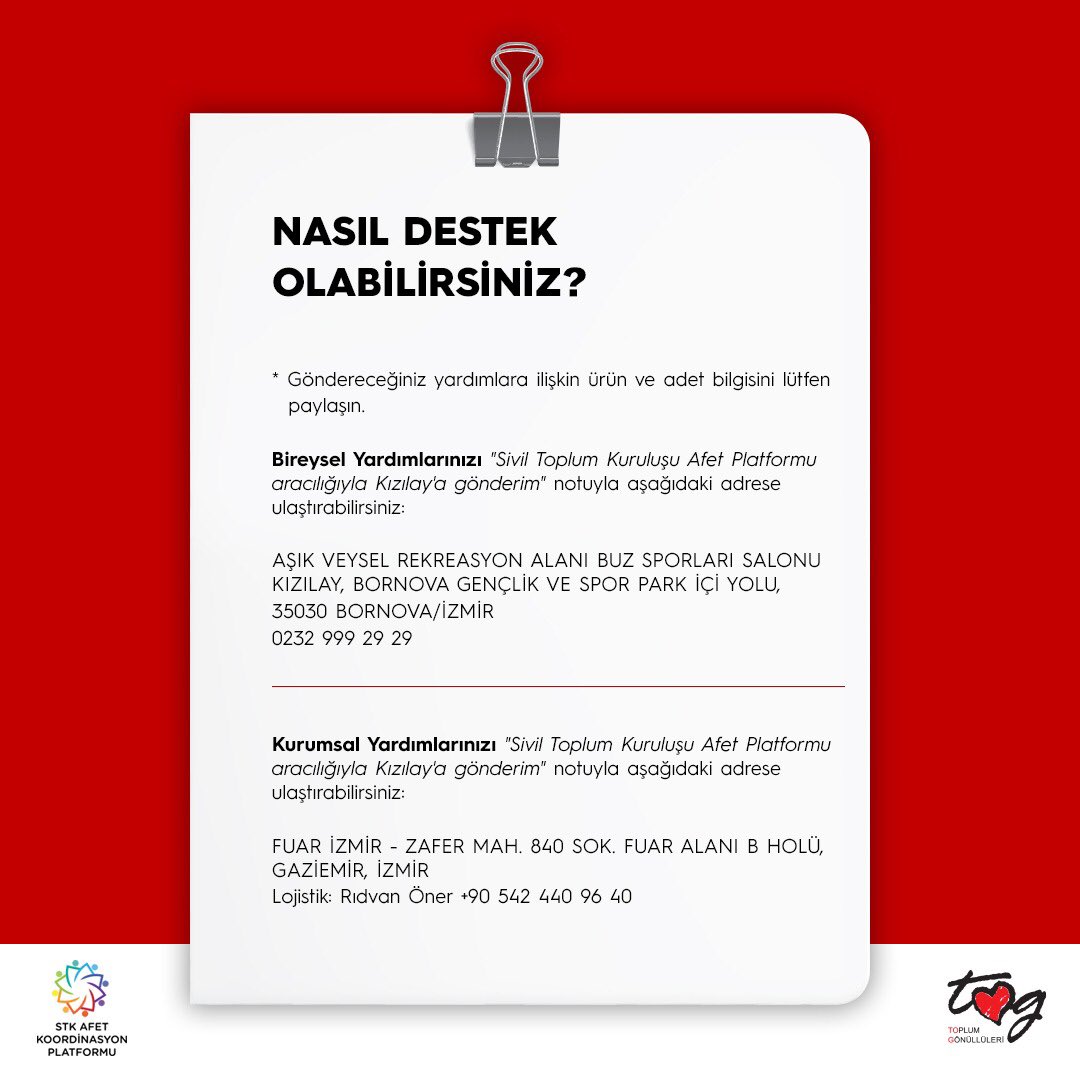 TOGVakfi's tweet photo. İzmir depreminden sonra ortaya ihtiyaç listesi güncellendi! 
Bireysel ve kurumsal yardımlarınızı; “Sivil Toplum Kuruluşu Afet Platformu aracılığıyla Kızılay’a gönderim” notuyla birlikte aşağıdaki adreslere gönderebilirsiniz. 
#izmirdepremi https://t.co/VbS2GubgaS