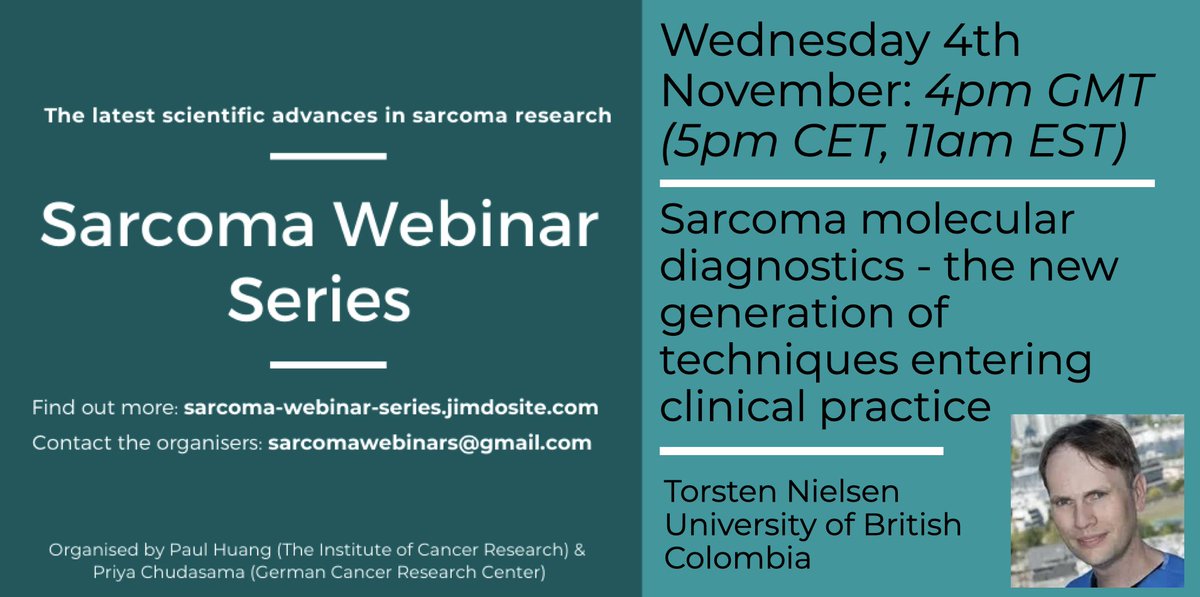 priyachudasama5's tweet photo. Tune in for this week's #SarcomaWebinar for a discussion on the exciting topic of #Sarcoma molecular diagnostics - the new generation of techniques entering clinical practice - with Torsten Nielsen from @UBC.

Join us on Wed 4 Nov (5pm CET). Info at; https://t.co/2xEATHxvzB (1/2) https://t.co/balwTTimIc