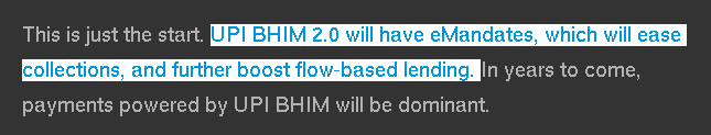 08 Nov 2017"UPI BHIM 2.0 will have eMandates, which will ease collections, and further boost flow-based lending." -- @NandanNilekani ( https://www.livemint.com/Opinion/gpP31gAWZCGpkMU6sXZHmJ/Nandan-Nilekani--Demonetisation-and-the-move-to-a-lesscash.html) "BHIM" is roadkill today at 1.1% UPI txns. But  @NandanNilekani and his billionare pays have UPI all to themselves.