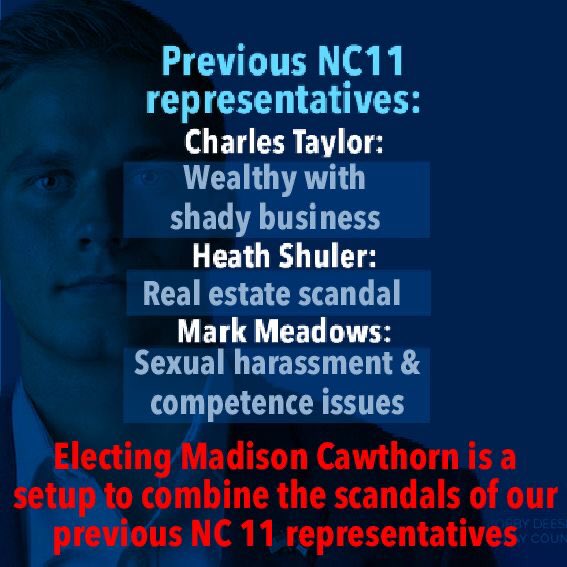muh_thoughts's tweet photo. Scandal will follow if Madison Cawthorn is elected.
Let’s get some stuff done for WNC, vote for @ColMorrisDavis
#NC11 #StandForConsent #RejectCawthorn #MadisonWantsToRuleTheWorld https://t.co/7k3vNnaopQ