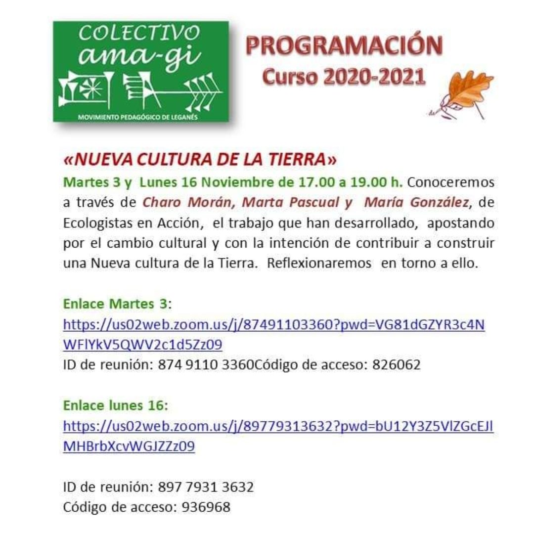 Mañana tenemos una cita en AMA-GI con el tema "Nueva Cultura de la Tierra". ¿Te apuntas?
Enlace Martes 3:
us02web.zoom.us/j/87491103360?… 
ID de reunión: 874 9110 3360Código de acceso: 826062