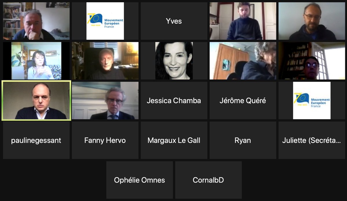 💻👥Le Mouvement se réunit malgré le confinement n°2 pour notre réunion de bureau en visioconférence afin de discuter notamment de : 

📌Nos actions pour renforcer la visibilité de l'UE dans les médias📰📻📺
📌Notre campagne pour les #RessourcesPropres de l'UE 🇪🇺💶🏦