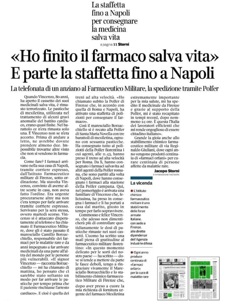 aid_difesa's tweet photo. "Ho finito il farmaco salvavita". E parte la staffetta fino a Napoli - la telefonata di un anziano al Farmaceutico Militare (da "Corriere Fiorentino") #AID #FarmaceuticoMilitare #SCFM @corrierefirenze https://t.co/eyA2SF331V