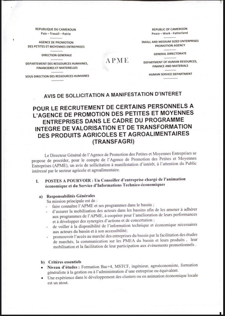 APMECameroun's tweet photo. L’APME recrute dans le cadre du programme TRANSFAGRI ❗️

Date limite de dépôt : 6 Novembre 2020 

A partager ‼️‼️‼️‼️ https://t.co/8zyorhvw6r