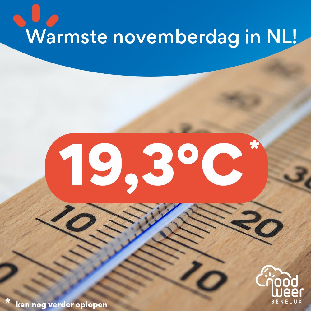 NoodweerBenelux's tweet photo. In De Bilt is de #temperatuur inmiddels opgelopen tot 19.3°C. Dit betekent dat 2 november 2020 de #warmste novemberdag is sinds het begin van de metingen in 1901. In #Ukkel geen #maandrecord, daar staat het record op 20.8°C (1 november 2015). De temperatuur kan nog iets stijgen. https://t.co/6YkGt4x8ga