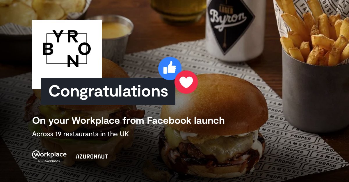 azuronaut's tweet photo. Congratulations @ByronBurgersUK on your Workplace from Facebook launch! We're excited to see your team up and running, and looking forward to hearing about the benefits to come 🎉

#WPChampion #WorkplaceFromFacebook #Launched @workplacefromFB https://t.co/1xDCw6rYHK