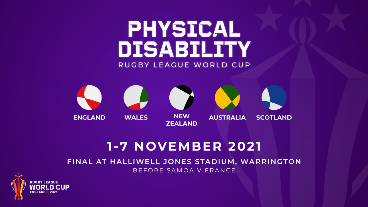 The first ever Physical Disability Rugby League World Cup will run alongside the existing three tournaments at #RLWC2021! 🏉

5 teams will compete culminating in the final at Warrington’s <a href="/halliwell_the/">The Halliwell Jones Stadium</a>!

👉 bit.ly/3mWgCYz

<a href="/WarringtonBC/">Warrington Borough Council</a> | <a href="/adamhillscomedy/">Adam Hills</a>