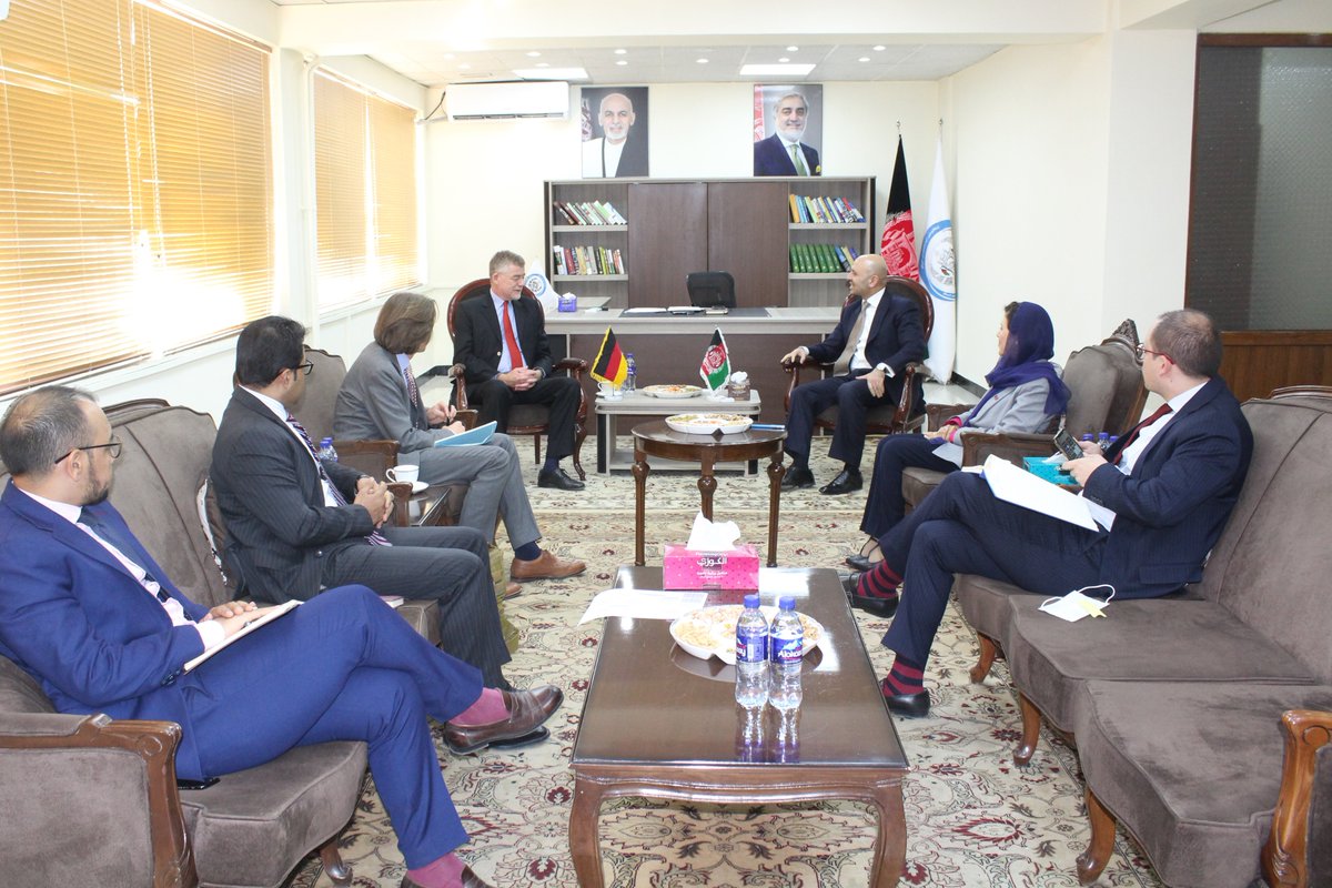 Min <a href="/SadatNaderi/">S. Sadat Mansoor Naderi</a> discussed with <a href="/GermanAmbAFG/">German Ambassador to Afghanistan</a>  peace talks in Doha, the unacceptable level of violence, #Afghanistan2020 conference and bilateral relationships focused on long-term peace building.
Min Naderi commended Germany's bold &amp; principled role in the Afghan peace process.