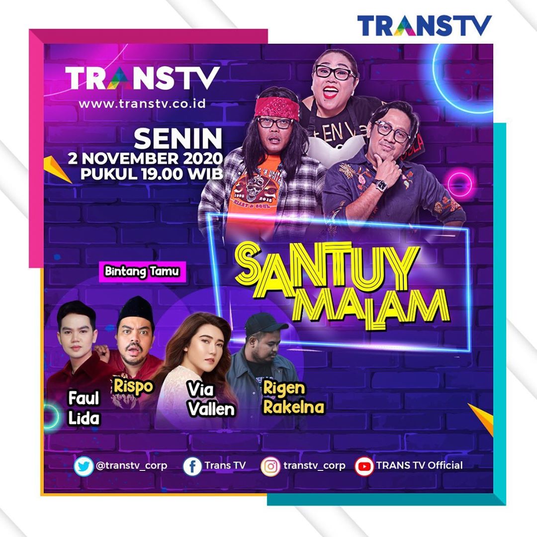 TRANSTV_CORP's tweet photo. Hai sobat skuyyy!

Malam ini kita santuy bareng Rigen Rakelna, Faul Lida, Rispo, Via Vallen yuk pastinya akah heboh banget dong.

Akan ada kehebohan apa ya di Komplek Santuy?? Jangan lupa saksikan Santuy Malam pukul 19.00 WIB ya, hanya di Trans TV. https://t.co/YwHgDAEwCD