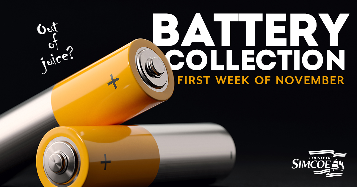 simcoecounty's tweet photo. Do not throw away your dead #batteries! Save them for our fall curbside #batterycollection Nov 2-6. Place your sealed battery bag beside your #recycling bins on your regular collection day. https://t.co/JQD3gxxzog #wastereduction #letssortitout #simceocounty @simcoecountyCS https://t.co/E2UMBjo1fX
