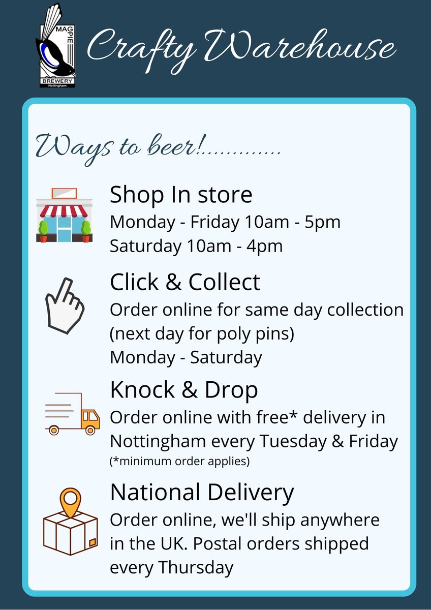 MagpieBrewery's tweet photo. As we head into lockdown this month, we have many ways you can still get your hands on beer. Our home delivery service will continue to run and we've extended our shop hours too!

#realale  #beerdelivery #homedelivery #nottingham #nottinghambrewery #microbrewery https://t.co/fpRRt4kyga