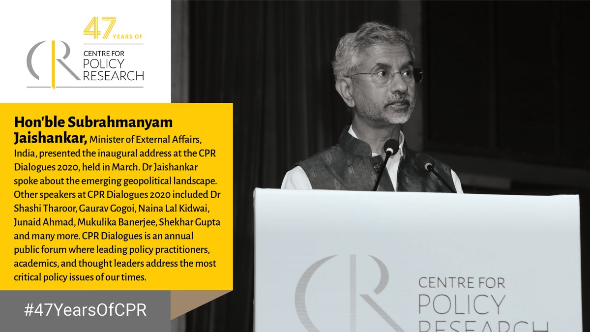 CPR_India's tweet photo. #DidYouKnow: Hon'ble Dr S Jaishankar @DrSJaishankar delivered the inaugural address at #CPRDialogues2020 held in March this year. The full video of his address is available here: https://t.co/oQrgbF3Ibf
#47YearsOfCPR https://t.co/QD5TnVR7dq
