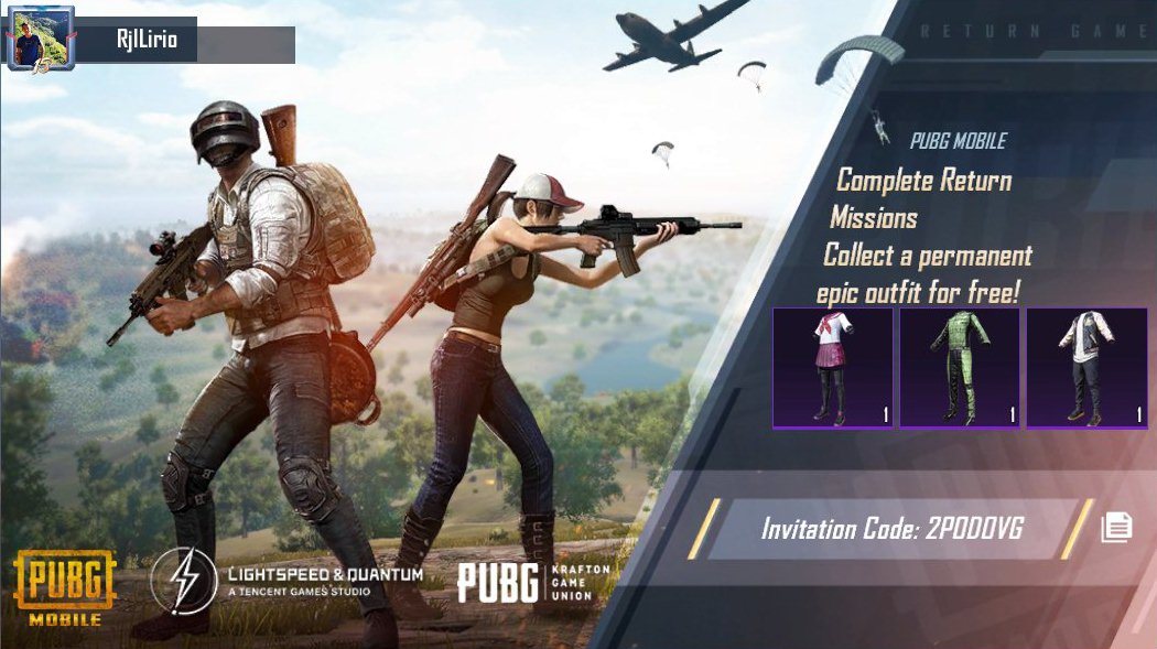 AD_MD_Jabs's tweet photo. Complete PUBG MOBILE Return Missions! Collect a permanent epic outfit for free! My invitation code: 2PODOVG https://t.co/HtcqIyxoNa https://t.co/Fbd1T8QUYG