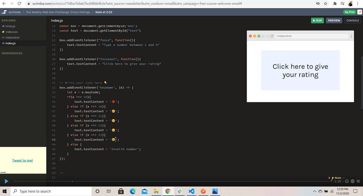 iModupsy's tweet photo. I just completed The Weekly Web Dev Challenge
@scrimba I built an Emoji rating app. Check out my solution. 
#weeklywebdevchallenge
#100DaysOfCode https://t.co/oy5XJpqbYJ