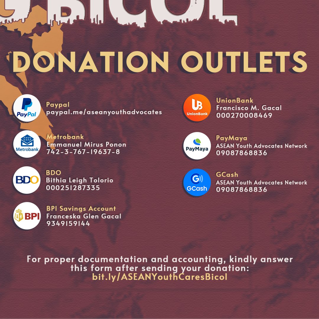 ASEANAdvocates's tweet photo. We need the spirit of youth collaboration in this time of crisis. The ASEAN Youth aims to raise a million pesos to help the victims of the recent ST Rolly (Goni). You may donate now here: https://t.co/q8tJRoltF9

#ASEANYouthAdvocates
#ASEANYouthCares
#TindogBicol
#ASEAN  

(1/5) https://t.co/8PCsWkyBGz