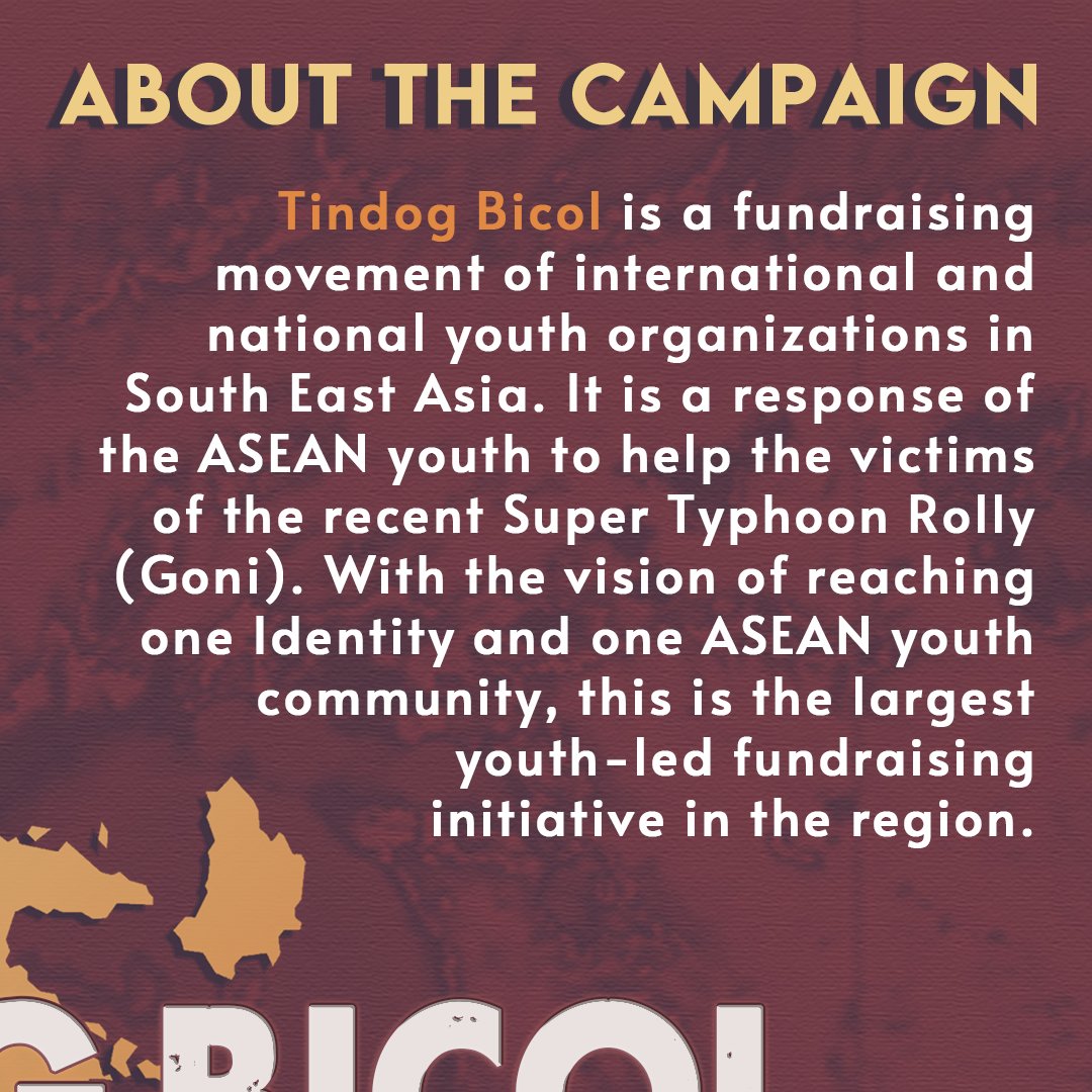 ASEANAdvocates's tweet photo. We need the spirit of youth collaboration in this time of crisis. The ASEAN Youth aims to raise a million pesos to help the victims of the recent ST Rolly (Goni). You may donate now here: https://t.co/q8tJRoltF9

#ASEANYouthAdvocates
#ASEANYouthCares
#TindogBicol
#ASEAN  

(1/5) https://t.co/8PCsWkyBGz